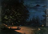 George Catlin Famous Paintings - Night Scene of Deer Shooting